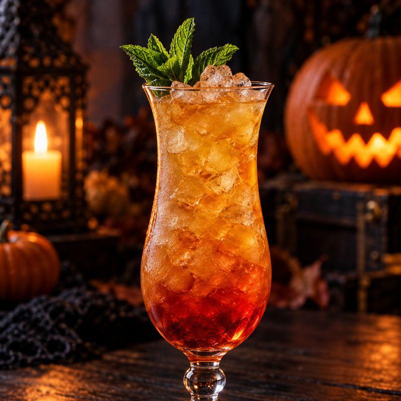 Golden amber Zombie tiki cocktail with crushed ice and mint in a hurricane glass.